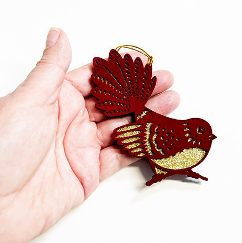 Velvety Burgundy NZ Fantail Bird Xmas Ornament - ShopNZ