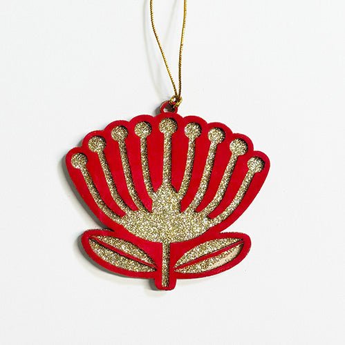 Velvety Red and Gold Pohutukawa Flower Xmas Ornament - ShopNZ