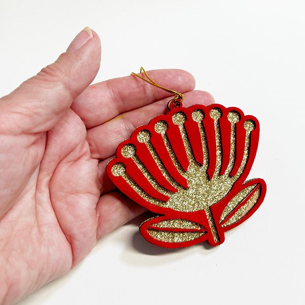 Velvety Red and Gold Pohutukawa Flower Xmas Ornament - ShopNZ