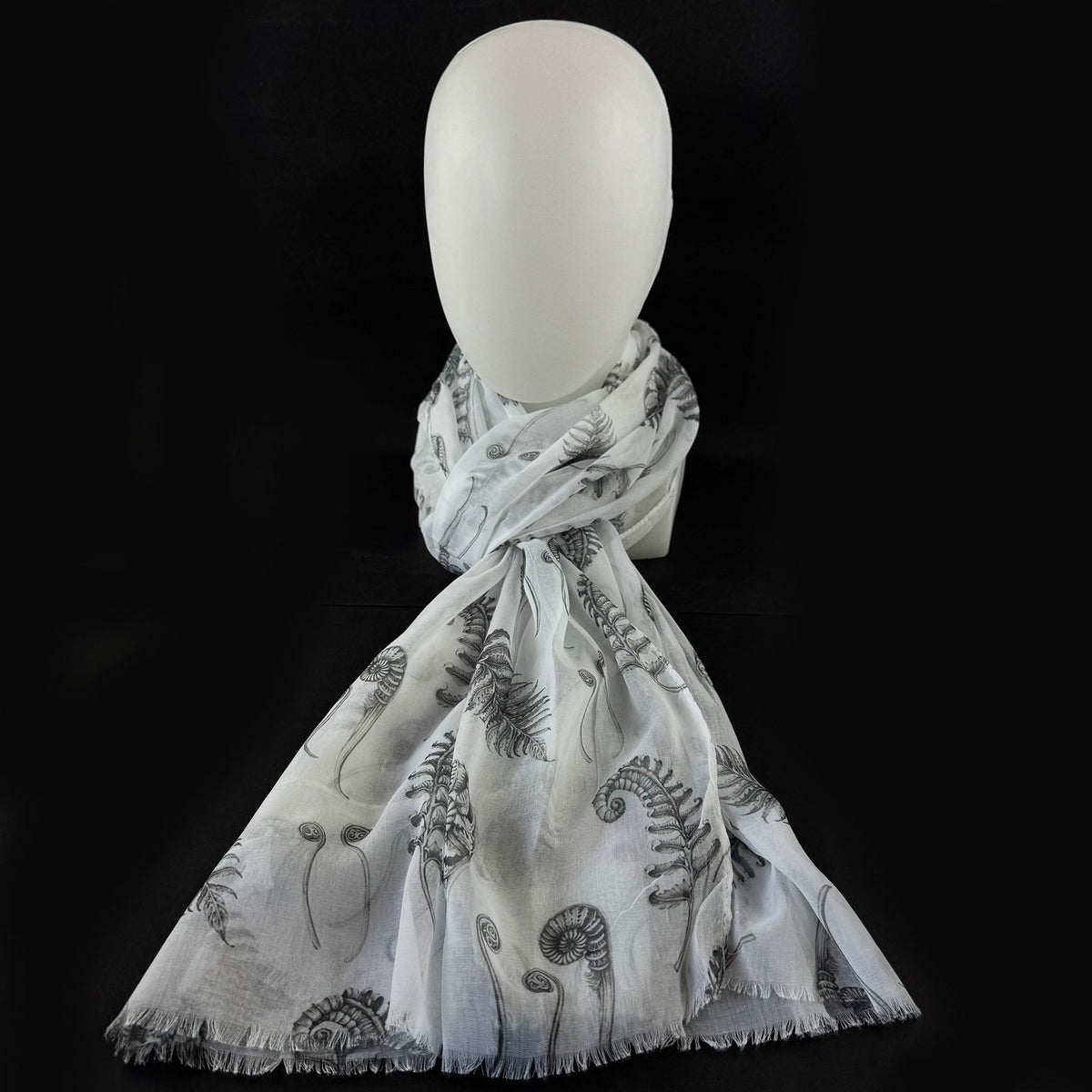 White Scarf with Grey New Zealand Native Ferns - ShopNZ