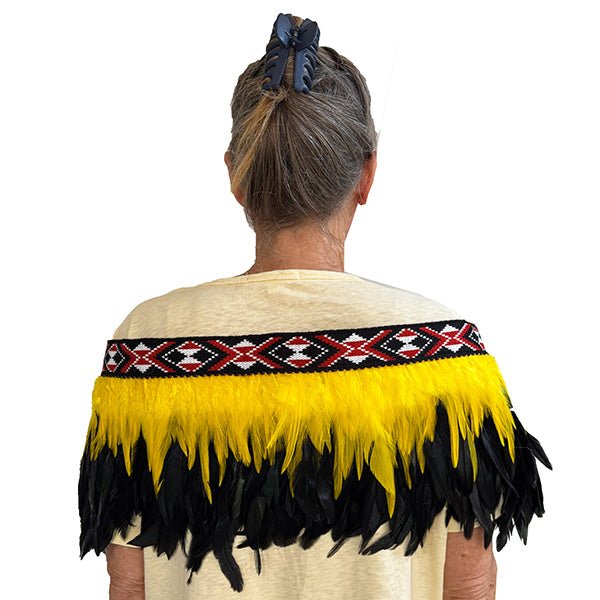 Yellow and Black Short Maori Korowai with Red Taniko - ShopNZ