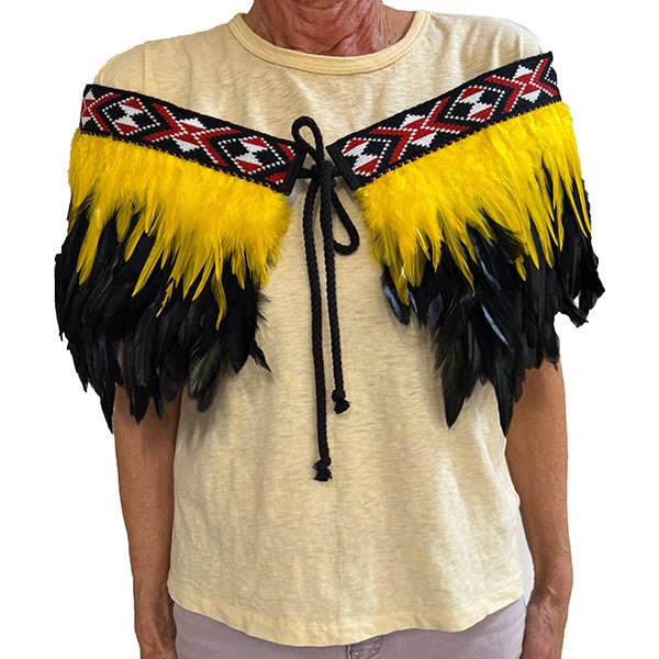 Yellow and Black Short Maori Korowai with Red Taniko - ShopNZ