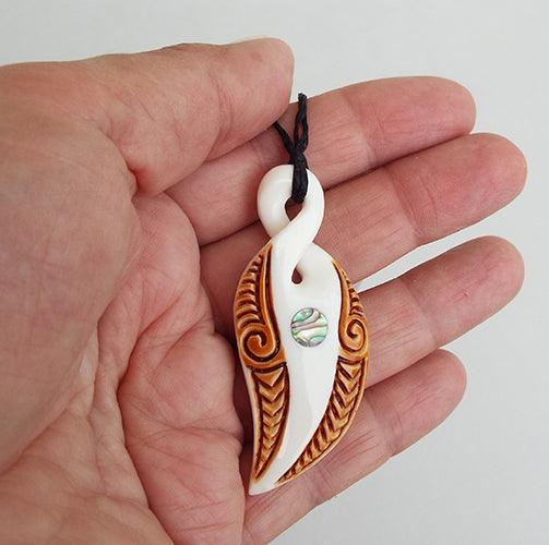 Curved Maori Bone Love Twist Necklace with Paua and Stain - ShopNZ