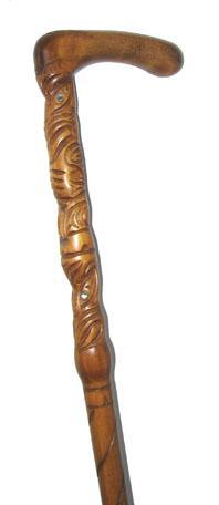Maori Walking Stick with Curved Handle and Tiki Carving - ShopNZ