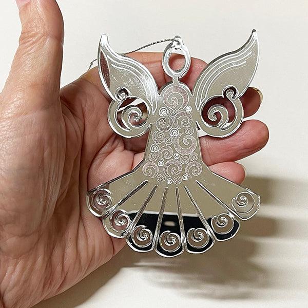 Pretty Silver Mirror Koru Angel Xmas Ornament