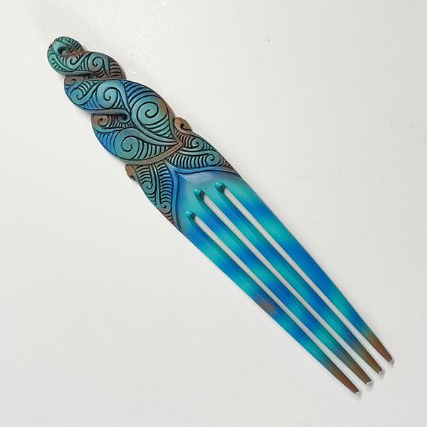 Blue Tie Dye Effect Maori Twist Bone Heru Comb - ShopNZ