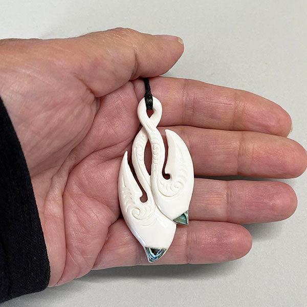 Maori Bone Double Hook Pendant with Paua Shell - ShopNZ