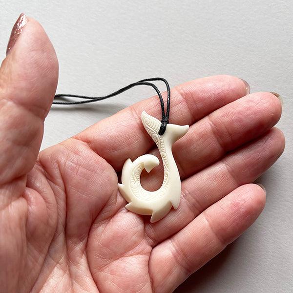 Maori Bone Barbed Fish Hook Necklace with Surface Carving - ShopNZ