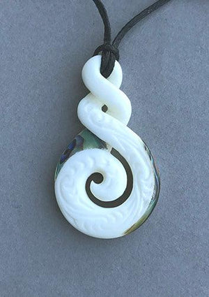 Maori Bone Double Twist Necklace with Carving and Paua Trim - ShopNZ