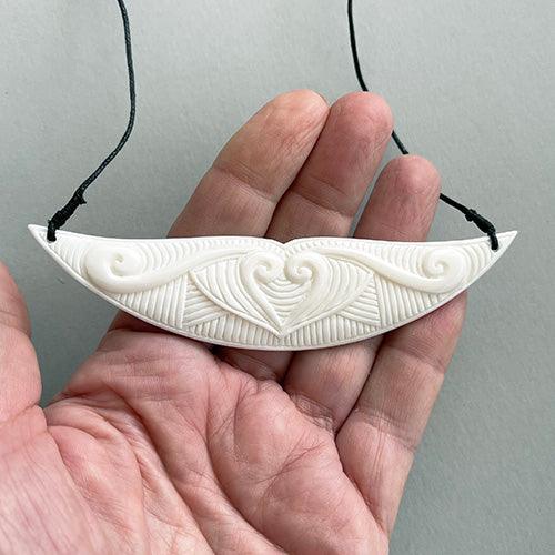 Heavily Carved Maori Bone Heart Koru Breastplate Necklace - ShopNZ