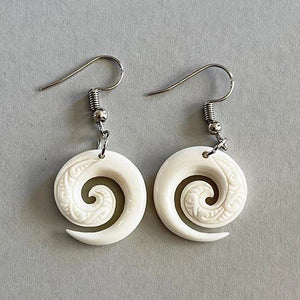 Pretty Maori Bone Koru Earrings with Surface Carving - ShopNZ