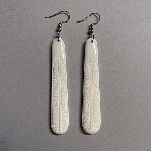 Long Maori Bone Earrings with Koru Surface Carving - ShopNZ