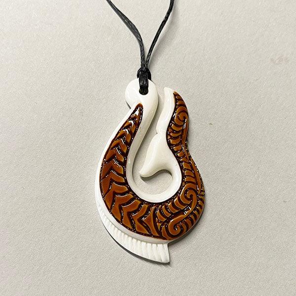 Maori Bone Fish Hook Necklace with Stained Scales - ShopNZ