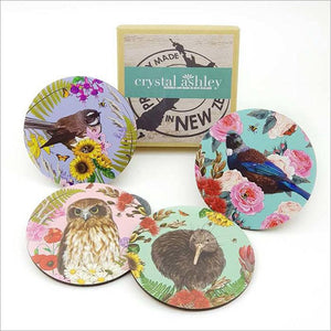 Set of 4 Pretty NZ Birds and Flowers Coasters - ShopNZ