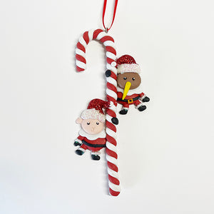 Clay Kiwi and Lamb Santa on Candy Cane Xmas Ornament