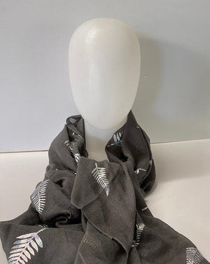 Charcoal Grey Scarf with Sparkly Silver Ferns