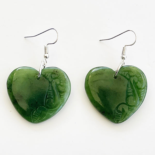 Greenstone Heart Earrings with Koru Carvings