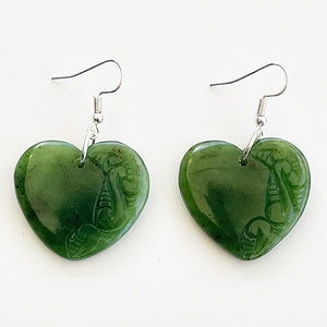 Greenstone Heart Earrings with Koru Carvings
