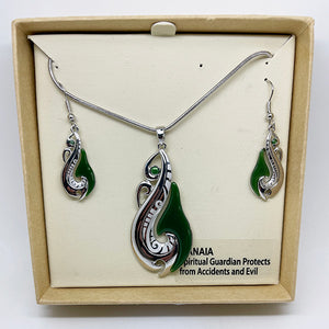 Green and Silver Maori Manaia Protector Necklace and Earrings Set