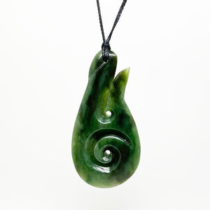 Large 7cm NZ Greenstone Maori Hook Necklace with Inner Koru