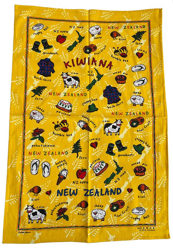 Bright Yellow Kiwiana Icons Tea Towel - ShopNZ