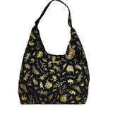 Black Slouch Shoulder Bag with Shiny Gold NZ Birds and Flora - ShopNZ