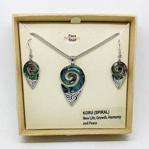 Pretty Paua Shell and Etched Silver Maori Maori Koru Necklace and Earrings Set