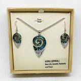 Pretty Paua Shell and Etched Silver Maori Maori Koru Necklace and Earrings Set - ShopNZ
