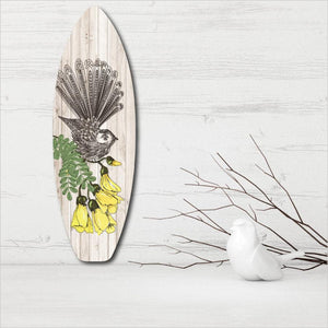 Surfboard Art Fantail Bird on Kowhai - ShopNZ