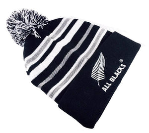 All Blacks Rugby Striped Beanie with Pompom - ShopNZ