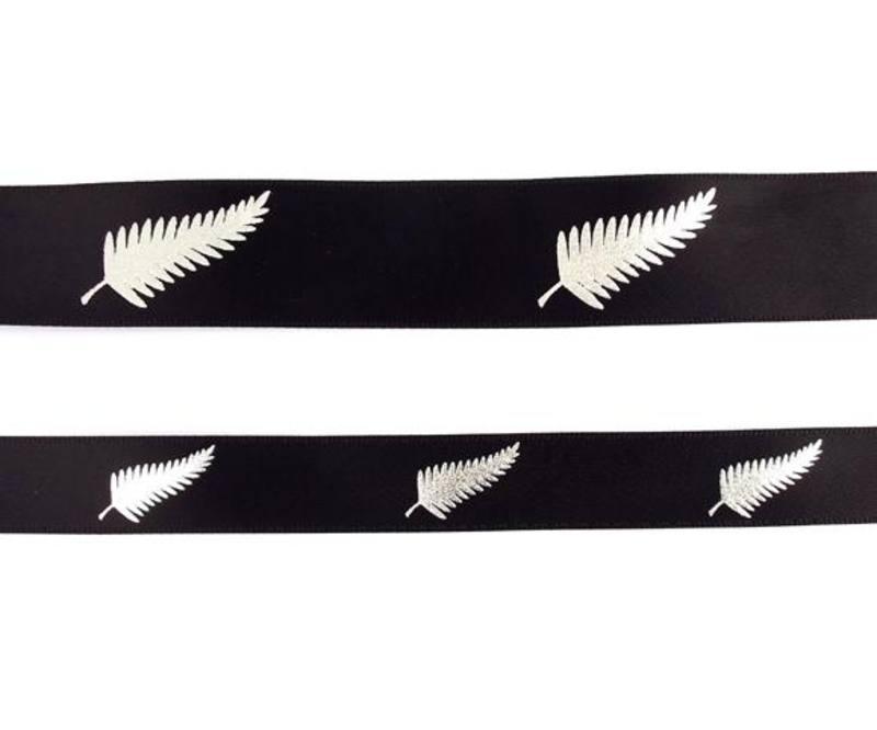 Black Satin Silver Fern Ribbon 25mm wide - ShopNZ