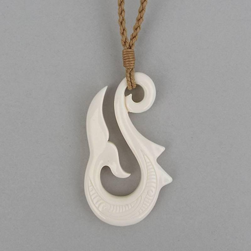 Maori Bone Serrated Hook Necklace with Whale Tail - ShopNZ