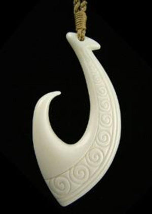 Maori Bone Hook Necklace with Koru Carving - ShopNZ
