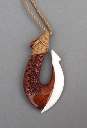 Bone and Wood Hook Necklace with Polynesian Carving - ShopNZ