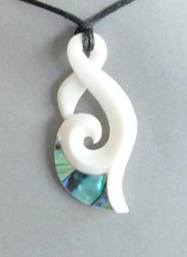 Maori Bone Hook Necklace with Twist Koru and Paua - ShopNZ