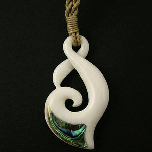 Maori Bone Twist Hook Koru Paua Necklace on String Cord - ShopNZ