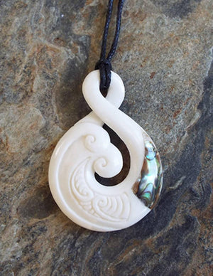 Maori Bone Koru Twist Necklace with Paua Shell - ShopNZ