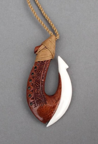 Bone and Wood Hook Necklace with Polynesian Carving - ShopNZ
