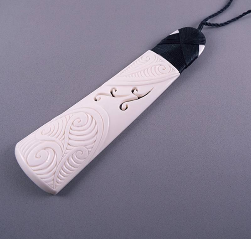 Large 15cm Maori Bone Toki Necklace with Koru Carving - ShopNZ