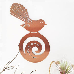 Brushed Copper Fantail on Koru Wall Art - ShopNZ