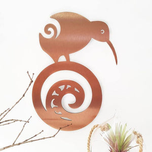 Brushed Copper Kiwi Bird on Koru Wall Art - ShopNZ