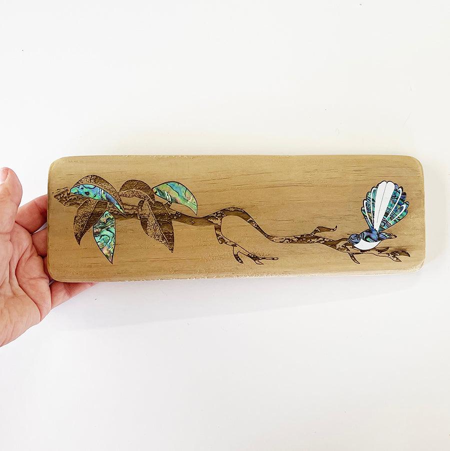 Recycled Wood Paua Fantail on Branch - ShopNZ