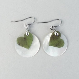 Greenstone and Mother of Pearl Heart Earrings - ShopNZ