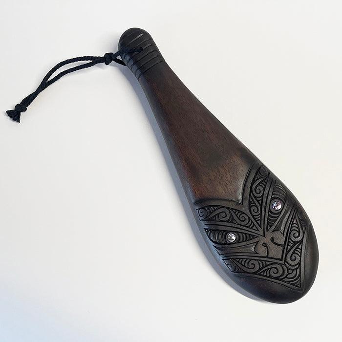 Mahogany Maori Patu with Stylised Wheku Face Carving and Optional Engraving and Gift Box - ShopNZ