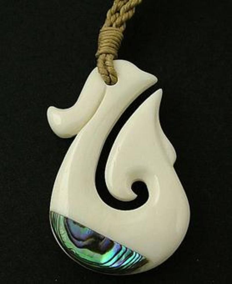 Maori Bone Hook Necklace with Paua and String Cord - ShopNZ