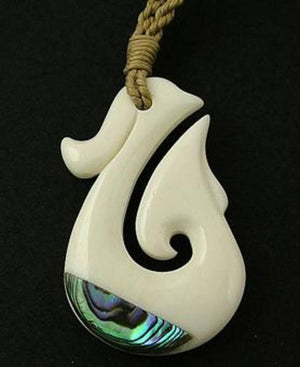 Maori Bone Hook Necklace with Paua and String Cord - ShopNZ