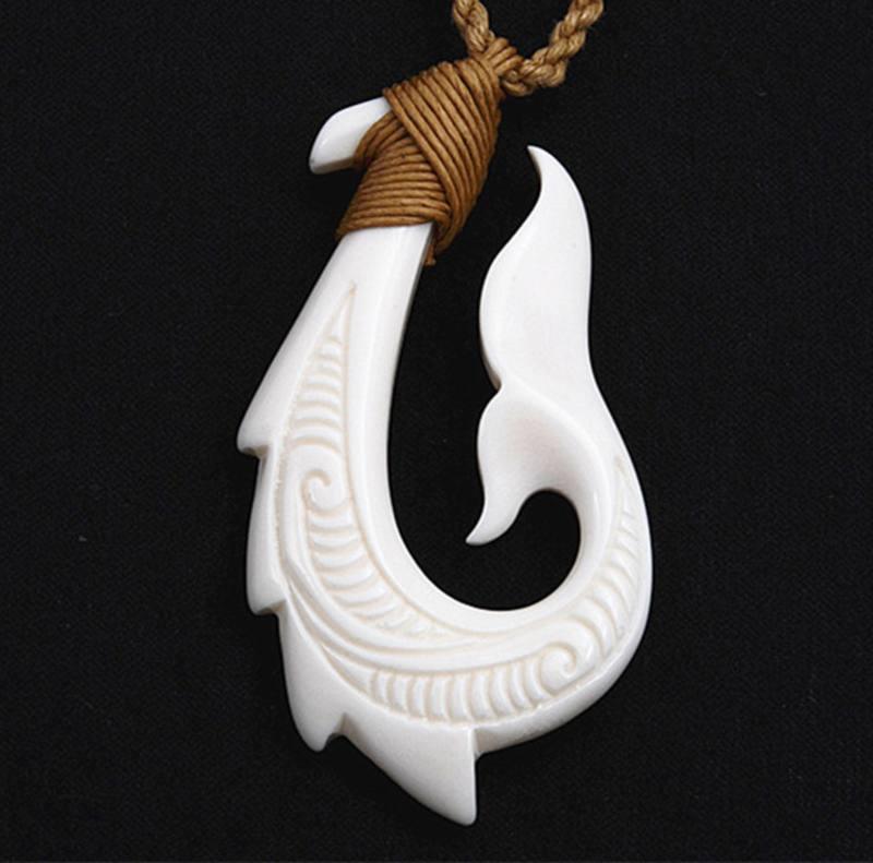 Maori Bone Whale Tail Hook Necklace with String Cord - ShopNZ