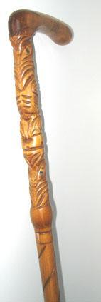 Maori Walking Stick with Curved Handle and Tiki Carving - ShopNZ