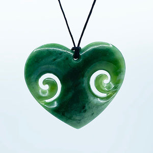 Maori Carved Pounamu Greenstone Heart Necklace with Koru