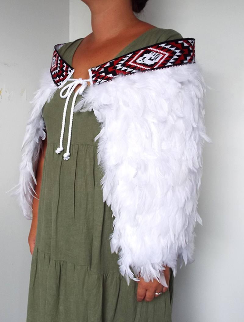 White Maori Korowai Cape With Black and Red Taniko - ShopNZ